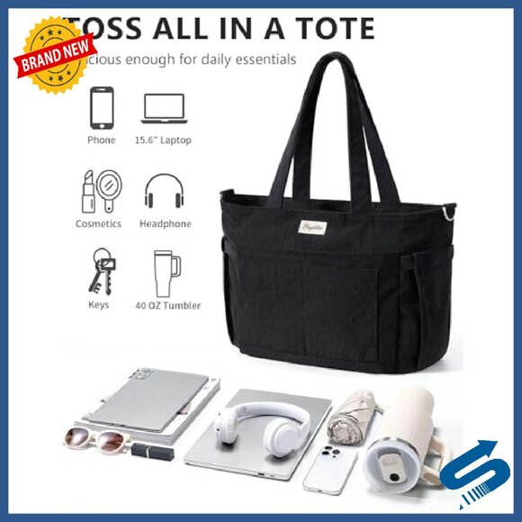 Corduroy Tote Bag 17 Pockets Laptop Work Travel Shoulder Bag Lightweight